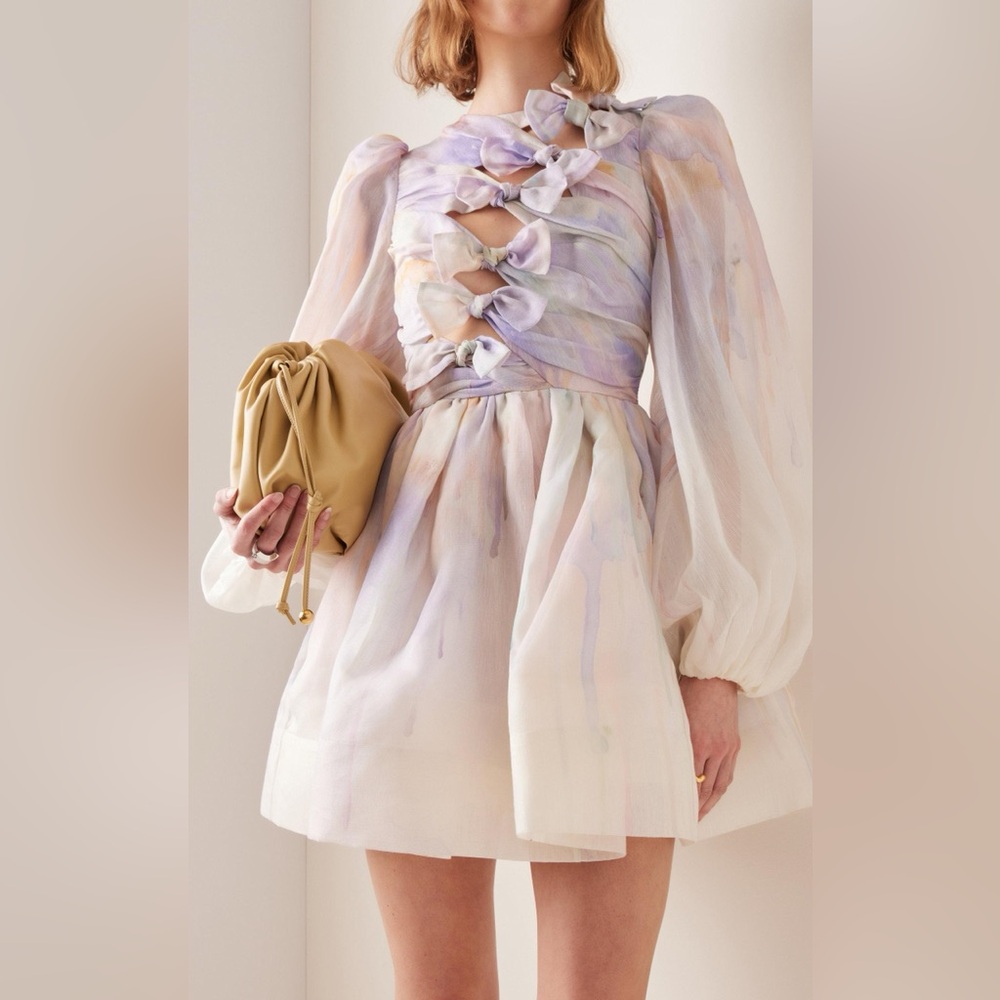 NEW ZIMMERMANN rhythmic knot linen silk mini dress in rainbow Size 0 NWT